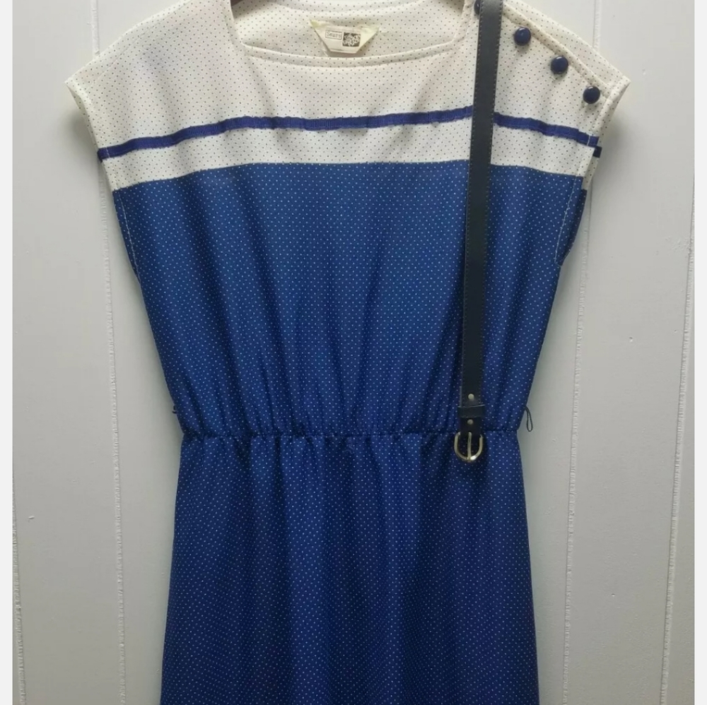 Vtg 70s Womens Blue/White Polka Dot Dress W/ Belt
